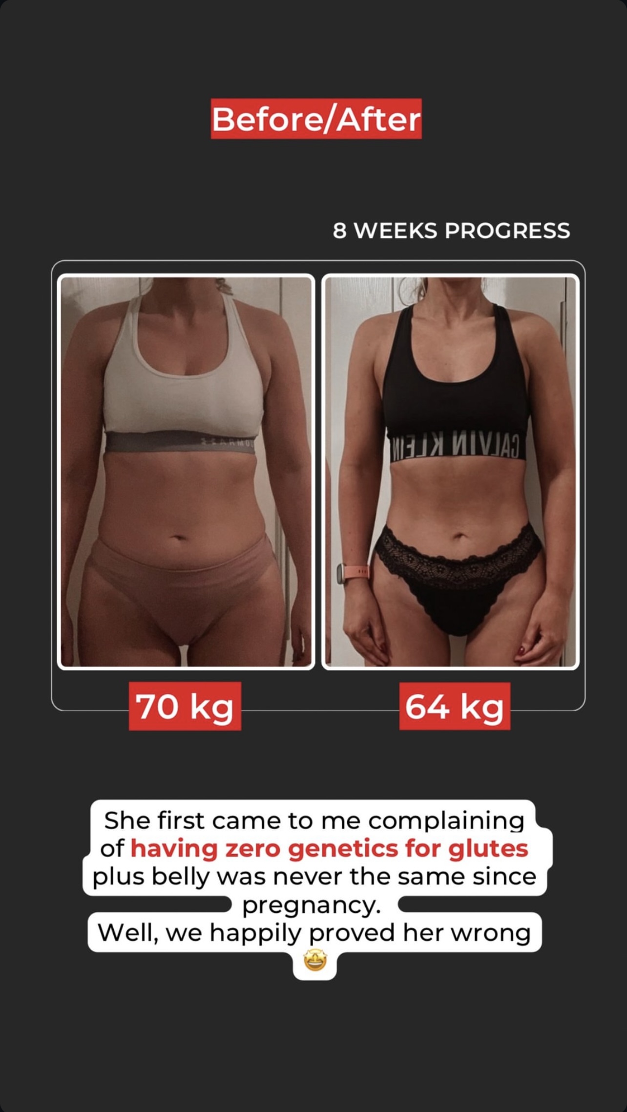 Female client transformation front view, 8 weeks, 70kg to 64kg